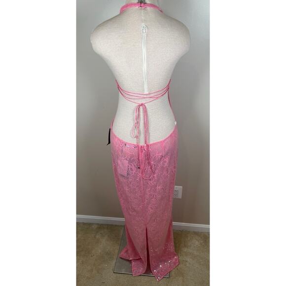 Retrofete Shivonne Sheer Floral Sequin Halterneck Paradise Pink Maxi Dress Sz L - Picture 9 of 11